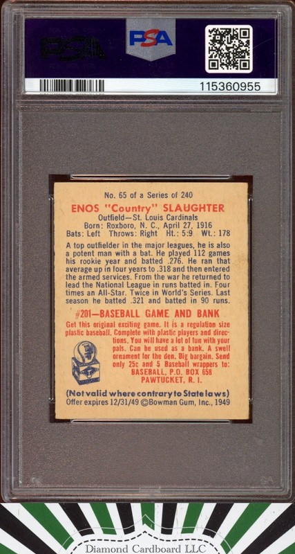 1949 Bowman #65 Enos Slaughter PSA 1.5 [CENTERED / LOOKS EXMT], back