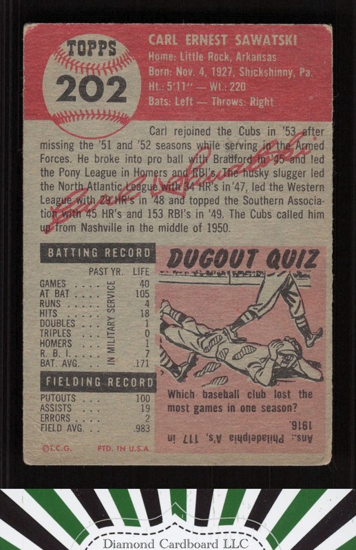 1953 Topps #202 Carl Sawatski VG f, back