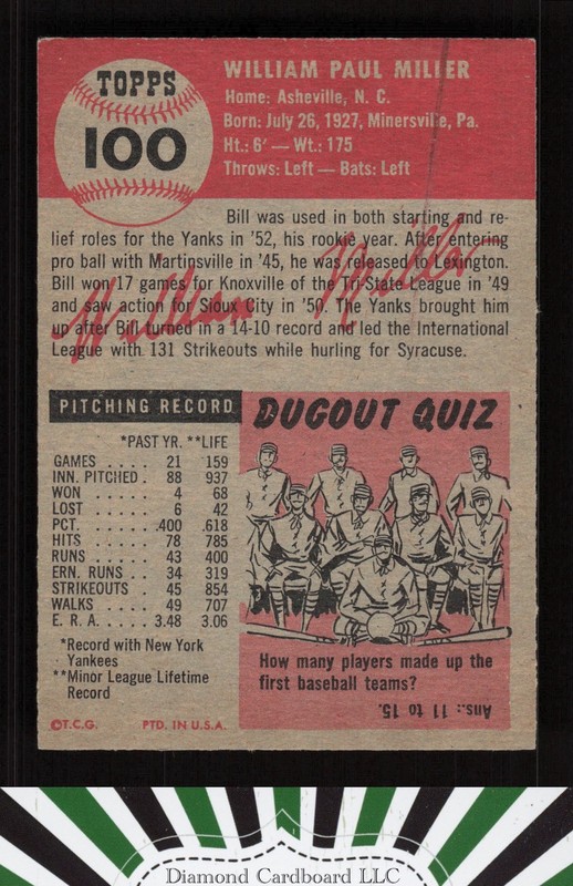 1953 Topps #100 Bill Miller : Bio uses white text EX h, back