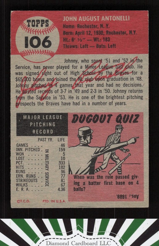 1953 Topps #106 John Antonelli : Bio uses black text GD d, back