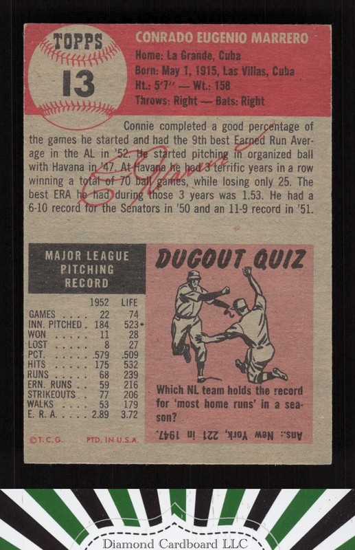 1953 Topps #13 Connie Marrero EX h, back