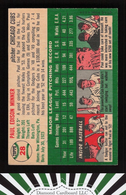 1954 Topps #28 Paul Minner EX+ [CENTERED] f, back