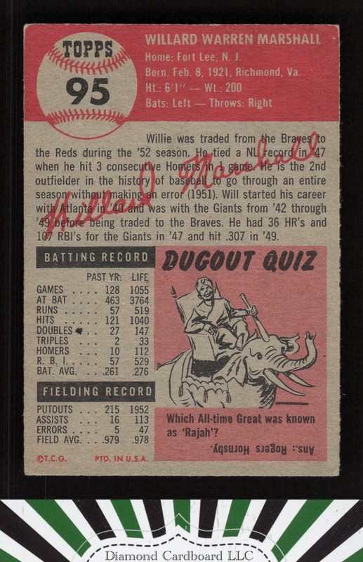 1953 Topps #95 Willard Marshall : Bio uses white text VGEX [CENTERED] e, back