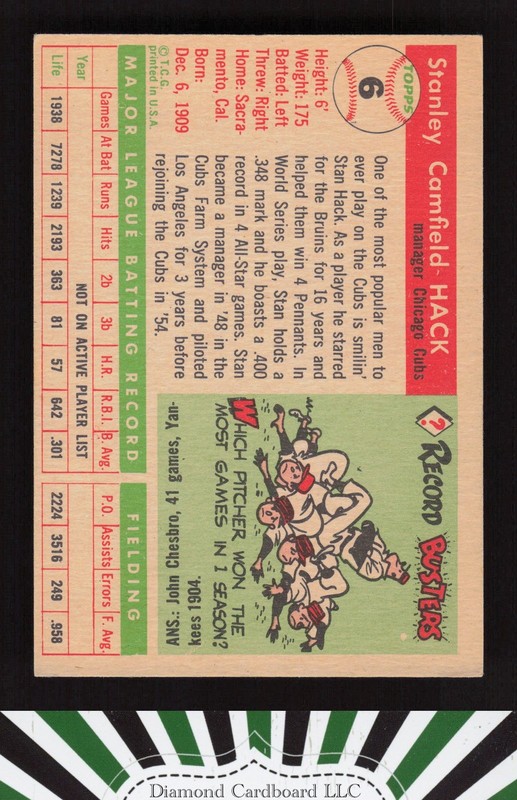 1955 Topps #6 Stan Hack VGEX k, back