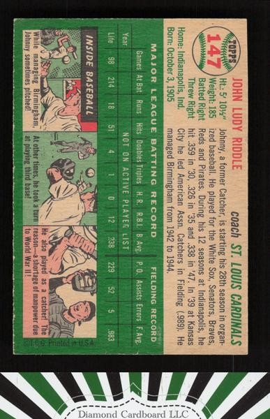 1954 Topps #147 Johnny Riddle VGEX n, back