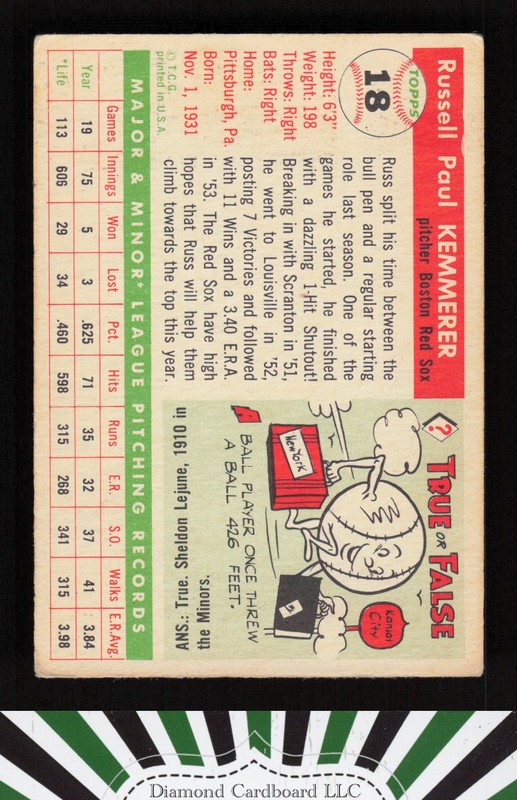 1955 Topps #18 Russ Kemmerer VG+ d, back