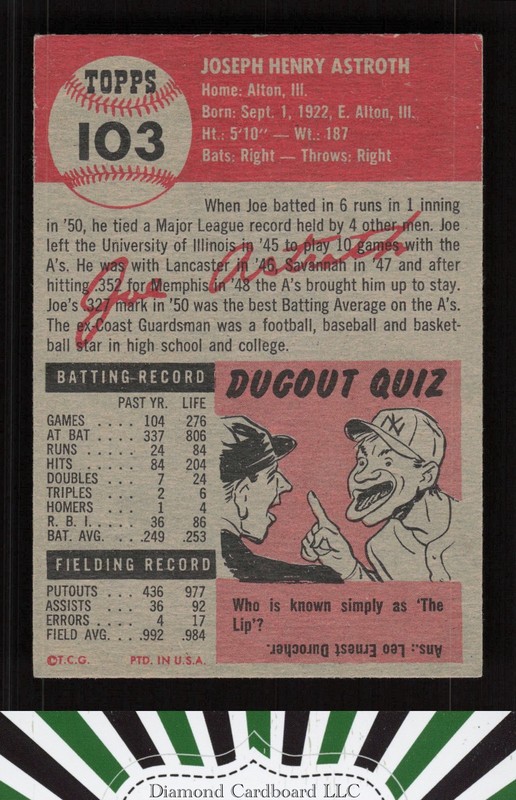 1953 Topps #103 Joe Astroth : Bio uses white text VGEX+ g, back