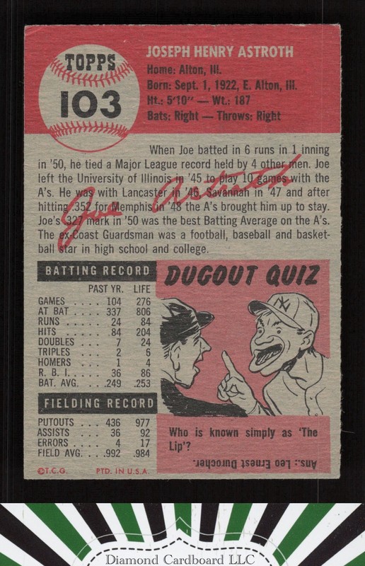 1953 Topps #103 Joe Astroth : Bio uses black text GD c, back