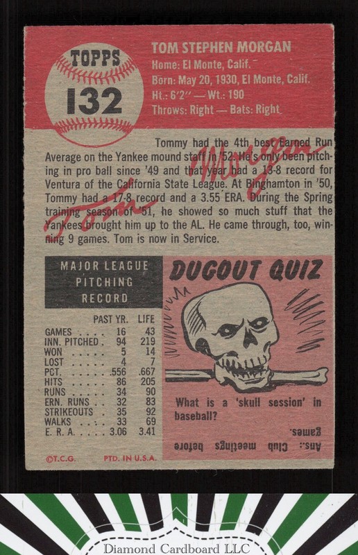 1953 Topps #132 Tom Morgan : Bio uses white text VGEX+ f, back