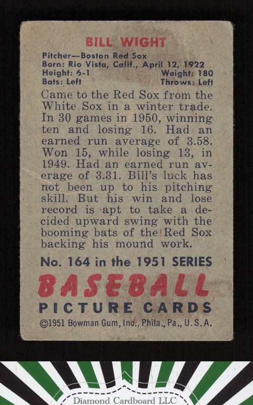 1951 Bowman #164 Bill Wight GD, back