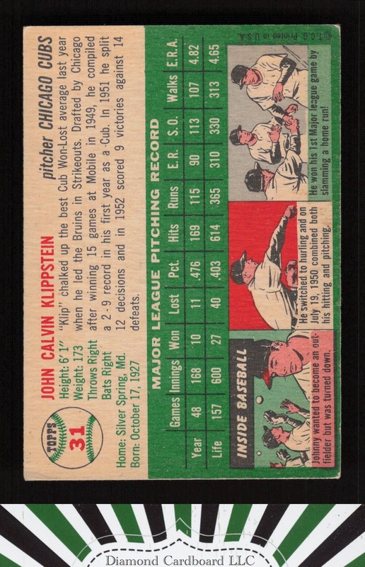 1954 Topps #31 Johnny Klippstein VGEX a, back