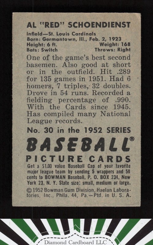 1952 Bowman #30 Al Schoendienst EX c, back