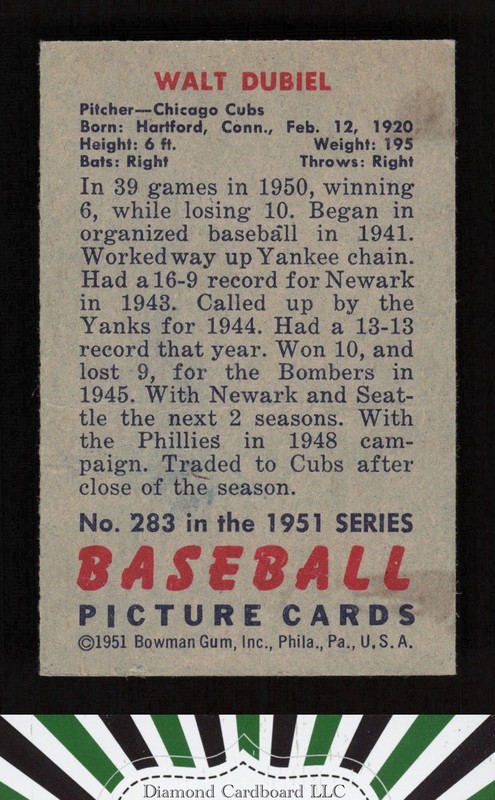 1951 Bowman #283 Walt Dubiel VGEX, back