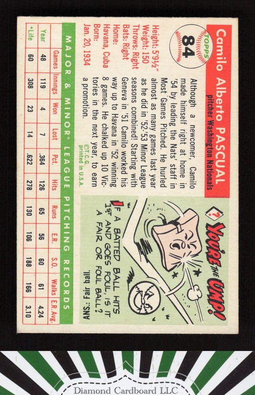 1955 Topps #84 Camilo Pascual EX q, back