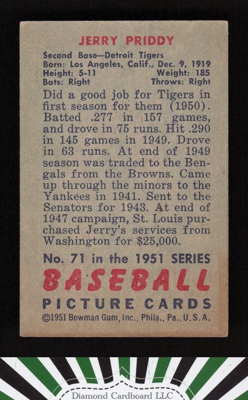 1951 Bowman #71 Jerry Priddy VGEX, back