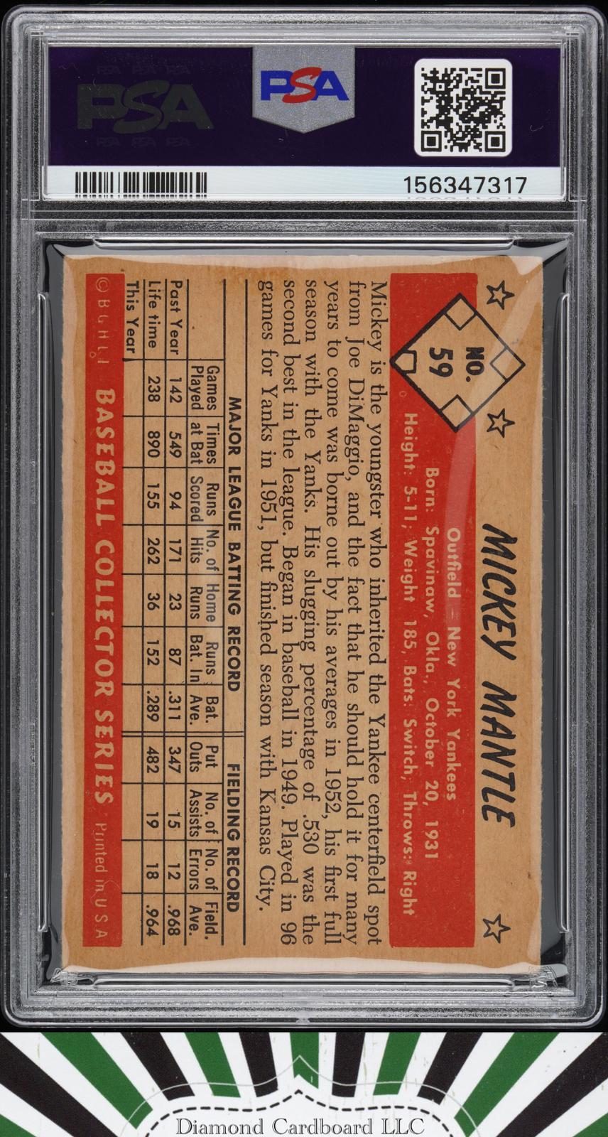 1953 Bowman Color #59 Mickey Mantle PSA 4 [GREAT EYE APPEAL], back