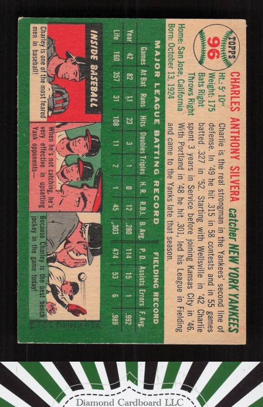 1954 Topps #96 Charlie Silvera EX d, back