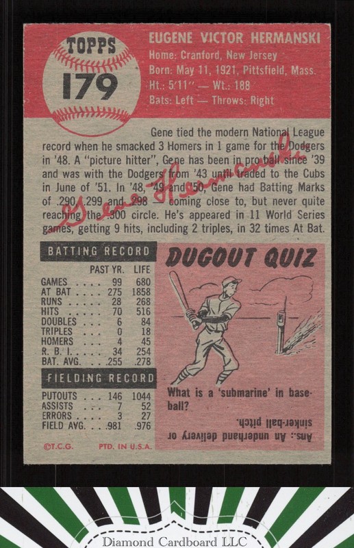 1953 Topps #179 Gene Hermanski EX g, back