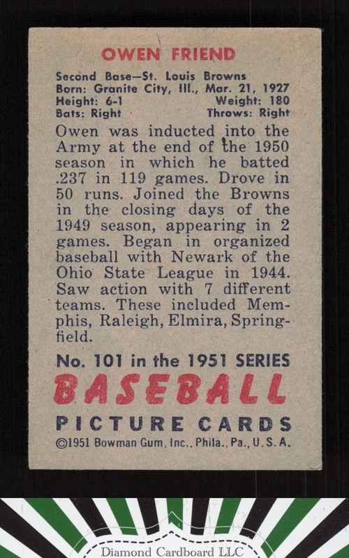 1951 Bowman #101 Owen Friend VG, back
