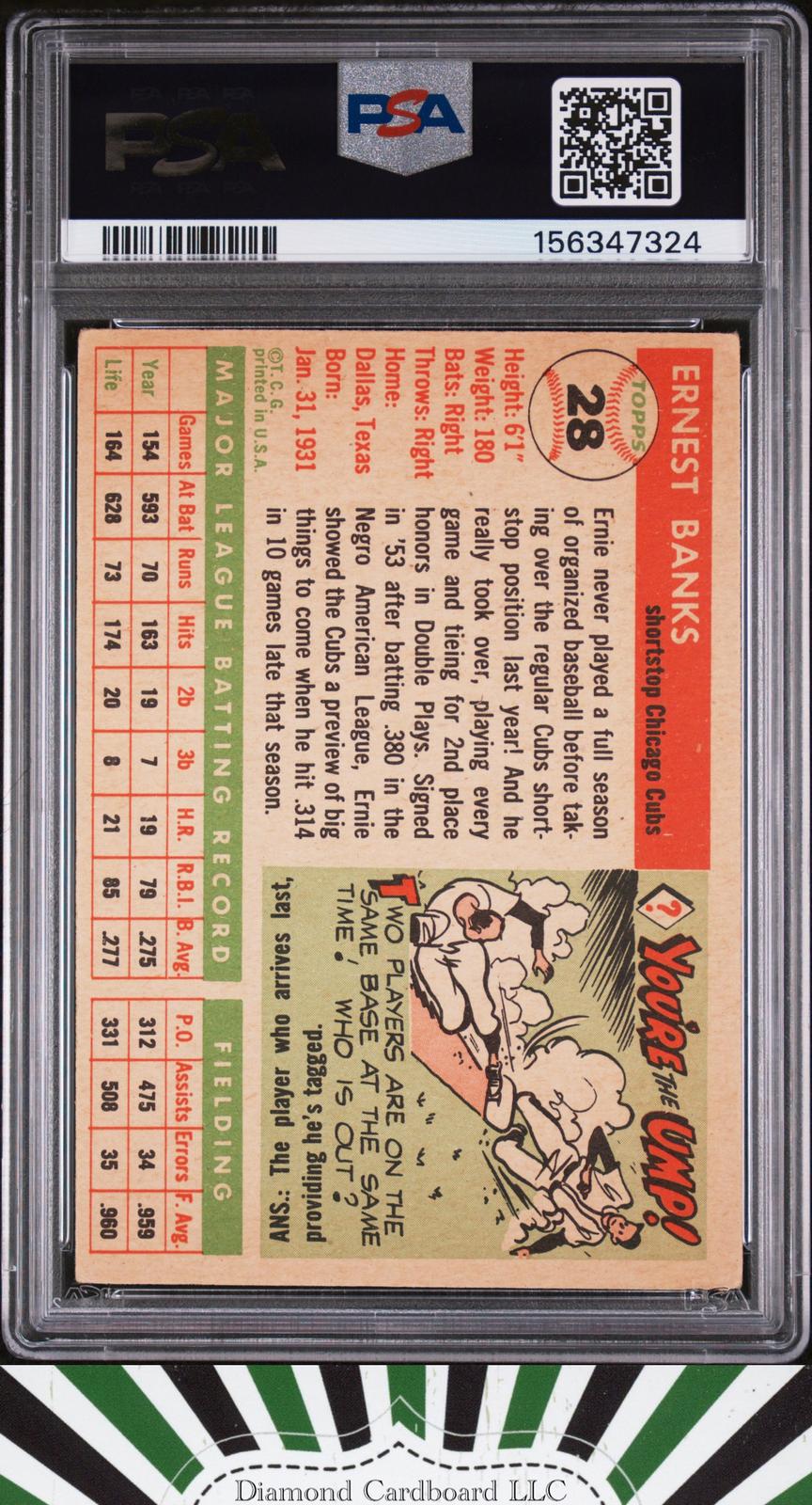 1955 Topps #28 Ernie Banks PSA 3 [GREAT EYE APPEAL], back