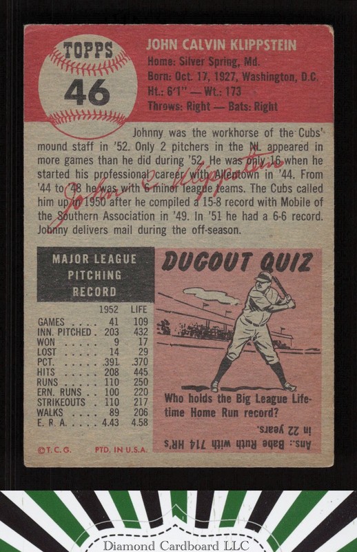 1953 Topps #46 Johnny Klippstein VG a, back