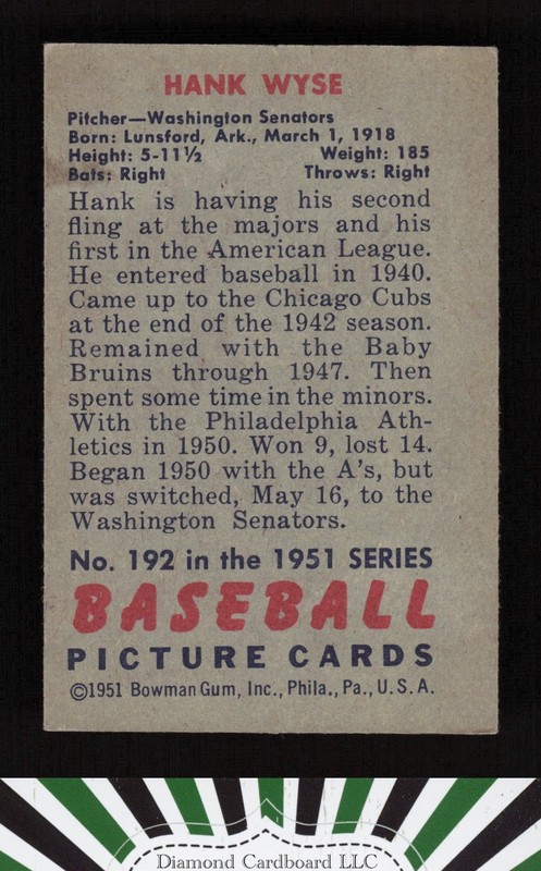 1951 Bowman #192 Hank Wyse VGEX, back
