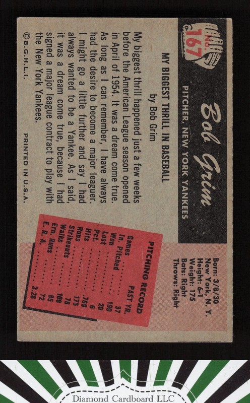 1955 Bowman #167 Bob Grim VGEX+, back