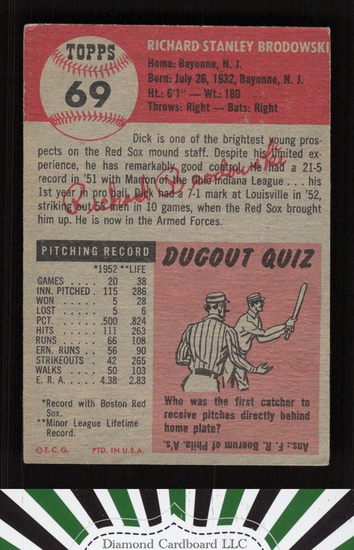 1953 Topps #69 Dick Brodowski VG e, back