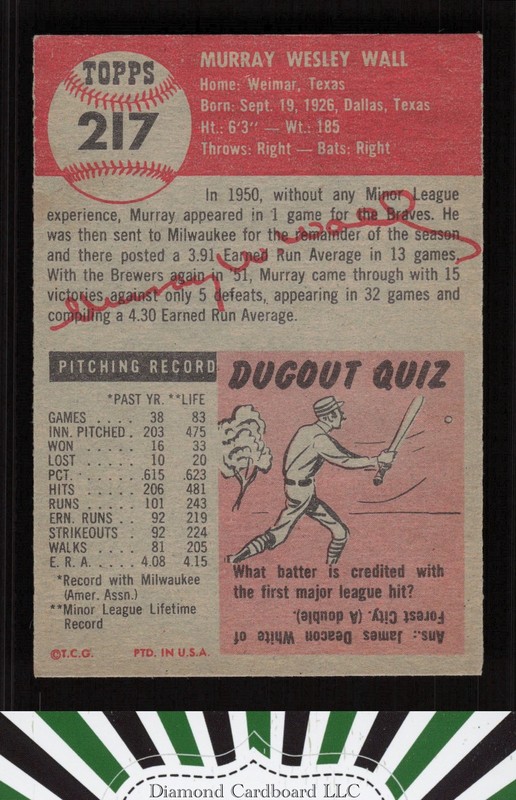 1953 Topps #217 Murray Wall EX+ h, back