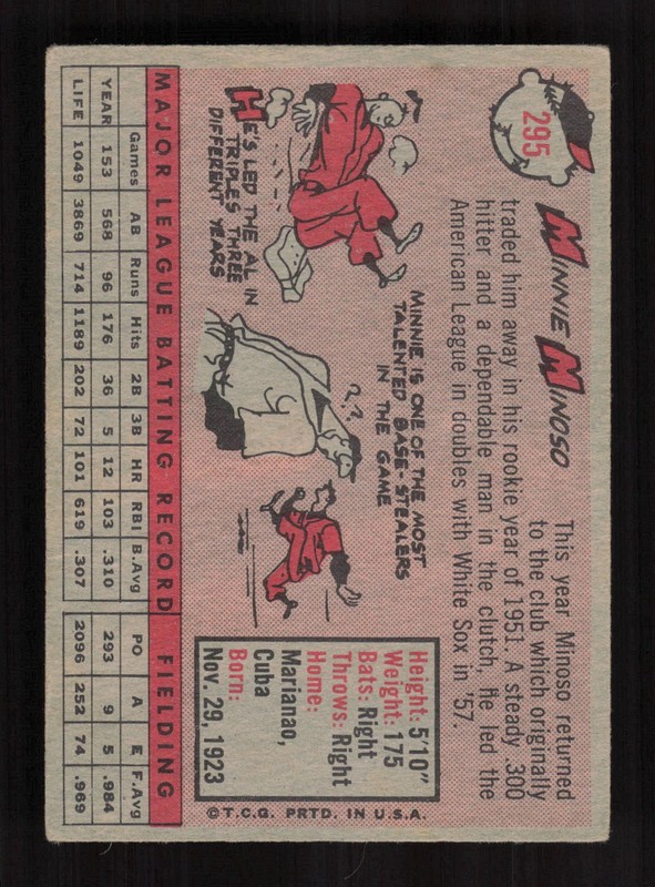 1958 Topps #295 Minnie Minoso VGEX e, back