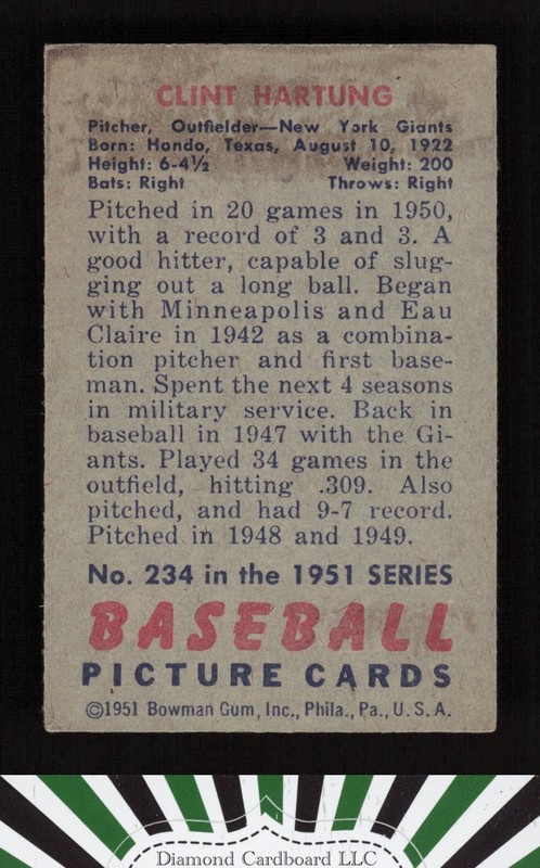 1951 Bowman #234 Clint Hartung VG, back