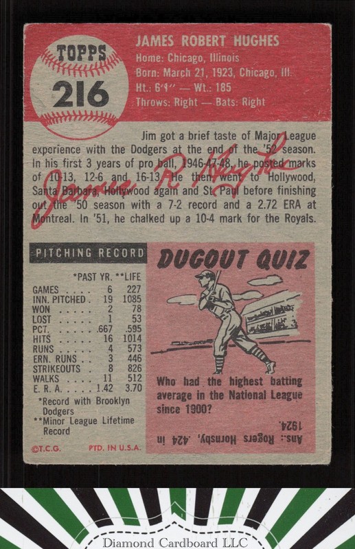 1953 Topps #216 Jim Hughes GD i, back