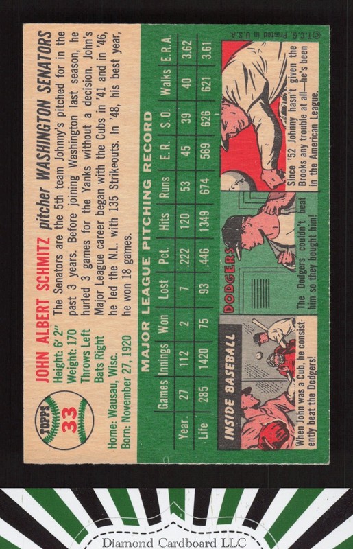 1954 Topps #33 Johnny Schmitz VG+ [CENTERED] a, back