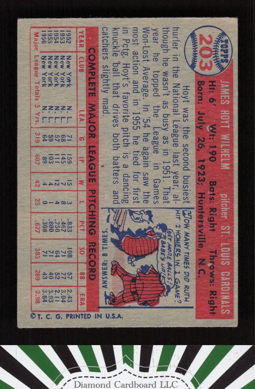 1957 Topps #203 Hoyt Wilhelm VG c, back