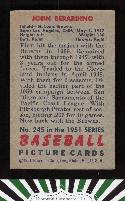 1951 Bowman #245 Johnny Berardino VGEX [CENTERED], back
