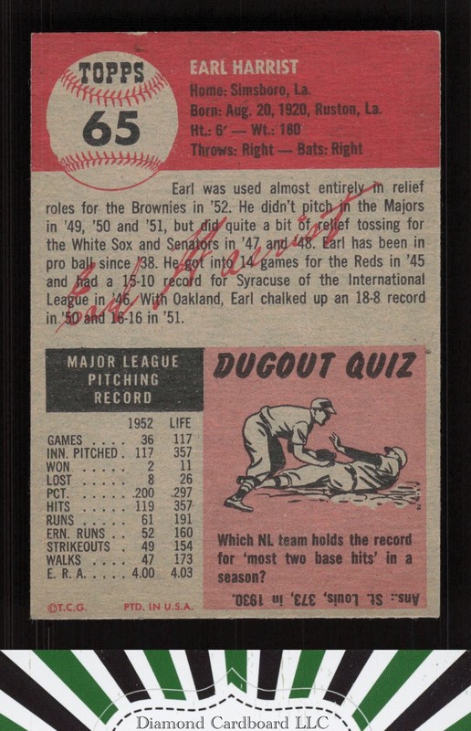 1953 Topps #65 Earl Harrist EXMT h, back