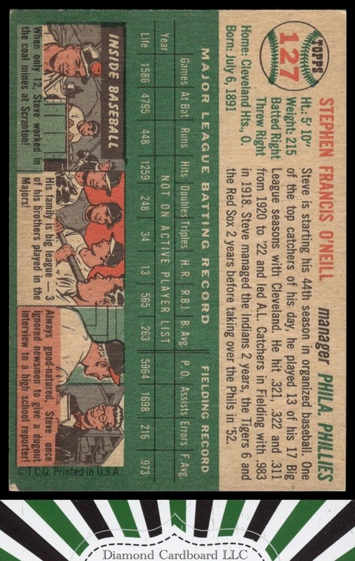 1954 Topps #127 Steve O'Neill VGEX+ a, back