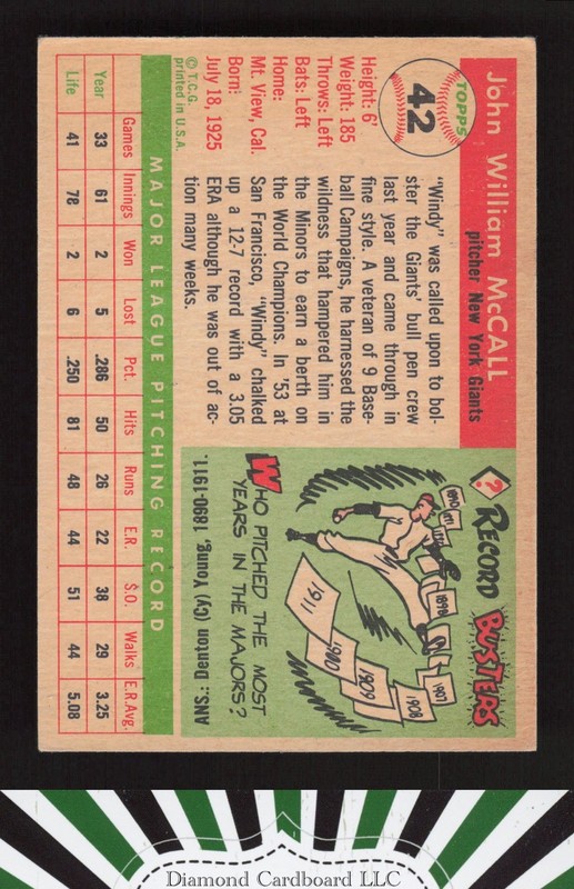 1955 Topps #42 Windy McCall VGEX [CENTERED] a, back