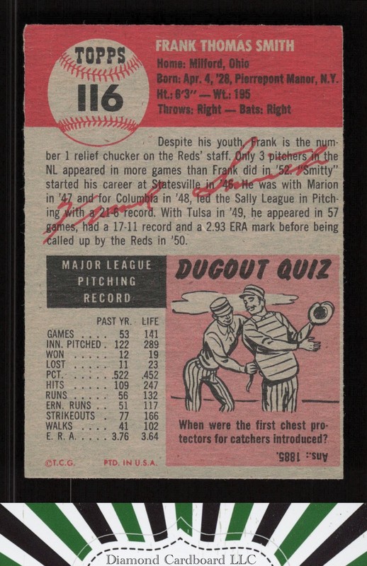 1953 Topps #116 Frank Smith : bio uses black text VGEX h, back