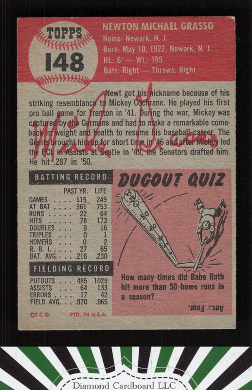 1953 Topps #148 Mickey Grasso : Bio uses white text VGEX+ e, back