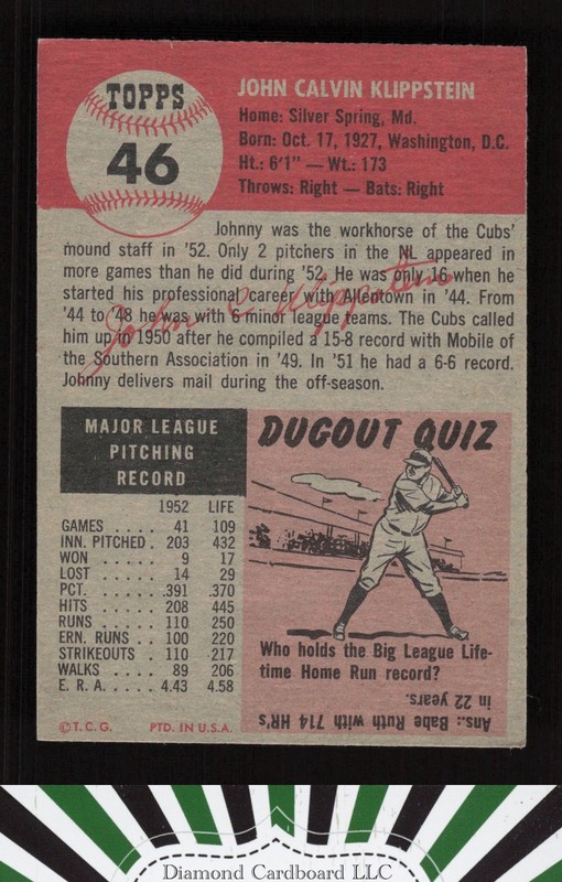 1953 Topps #46 Johnny Klippstein EXMT h, back
