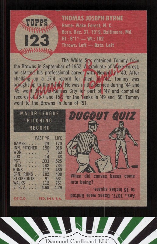 1953 Topps #123 Tommy Byrne : Bio uses white text EX f, back