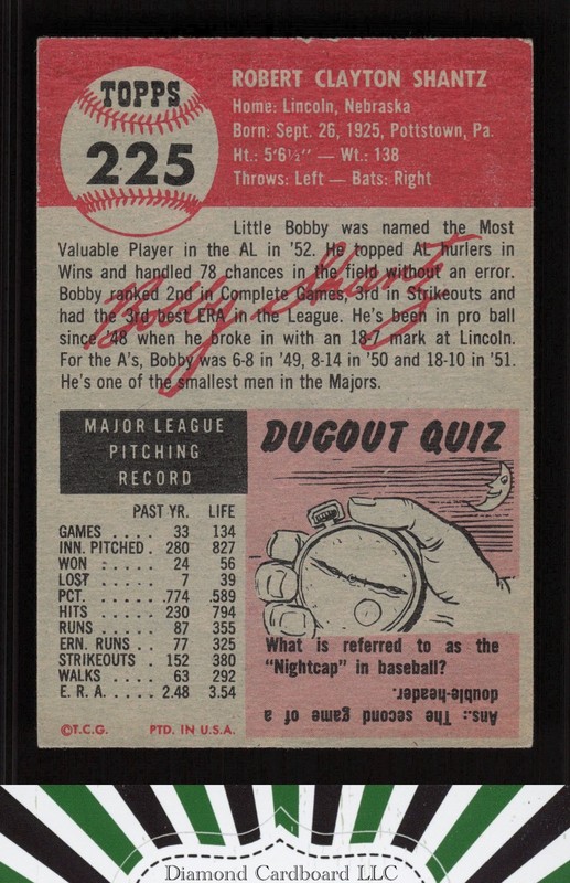 1953 Topps #225 Bobby Shantz VGEX+ g, back