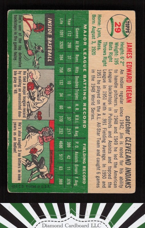 1954 Topps #29 Jim Hegan VG e, back