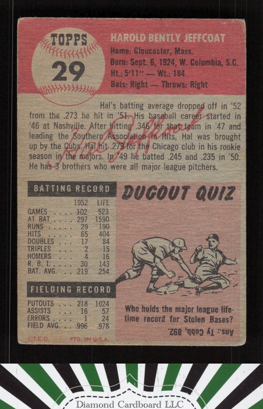 1953 Topps #29 Hal Jeffcoat GD d, back