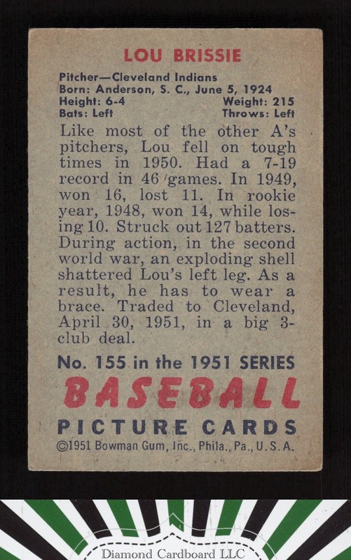1951 Bowman #155 Lou Brissie VGEX, back
