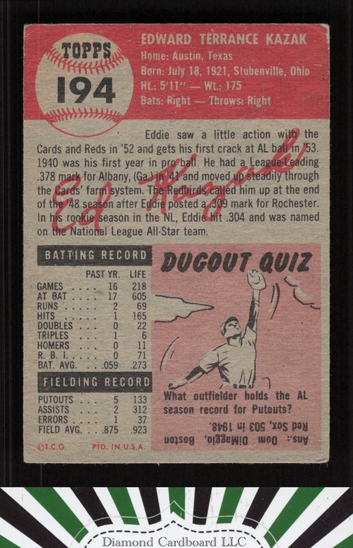 1953 Topps #194 Eddie Kazak VG c, back