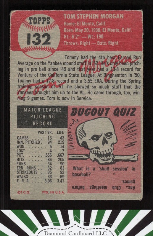 1953 Topps #132 Tom Morgan : Bio uses white text GD d, back
