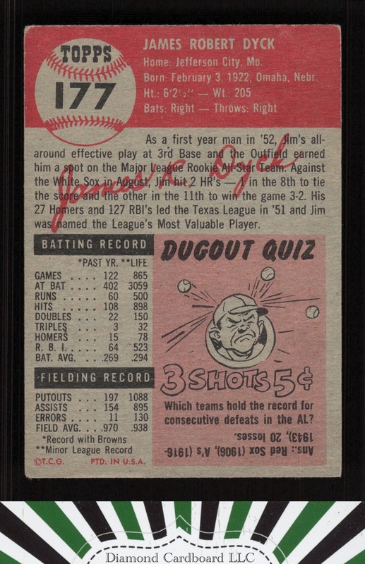 1953 Topps #177 Jim Dyck VG c, back