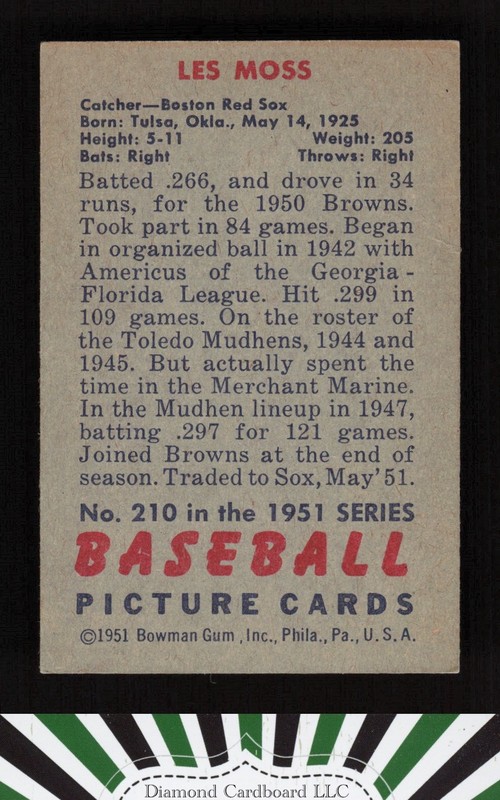 1951 Bowman #210 Les Moss EXMT, back
